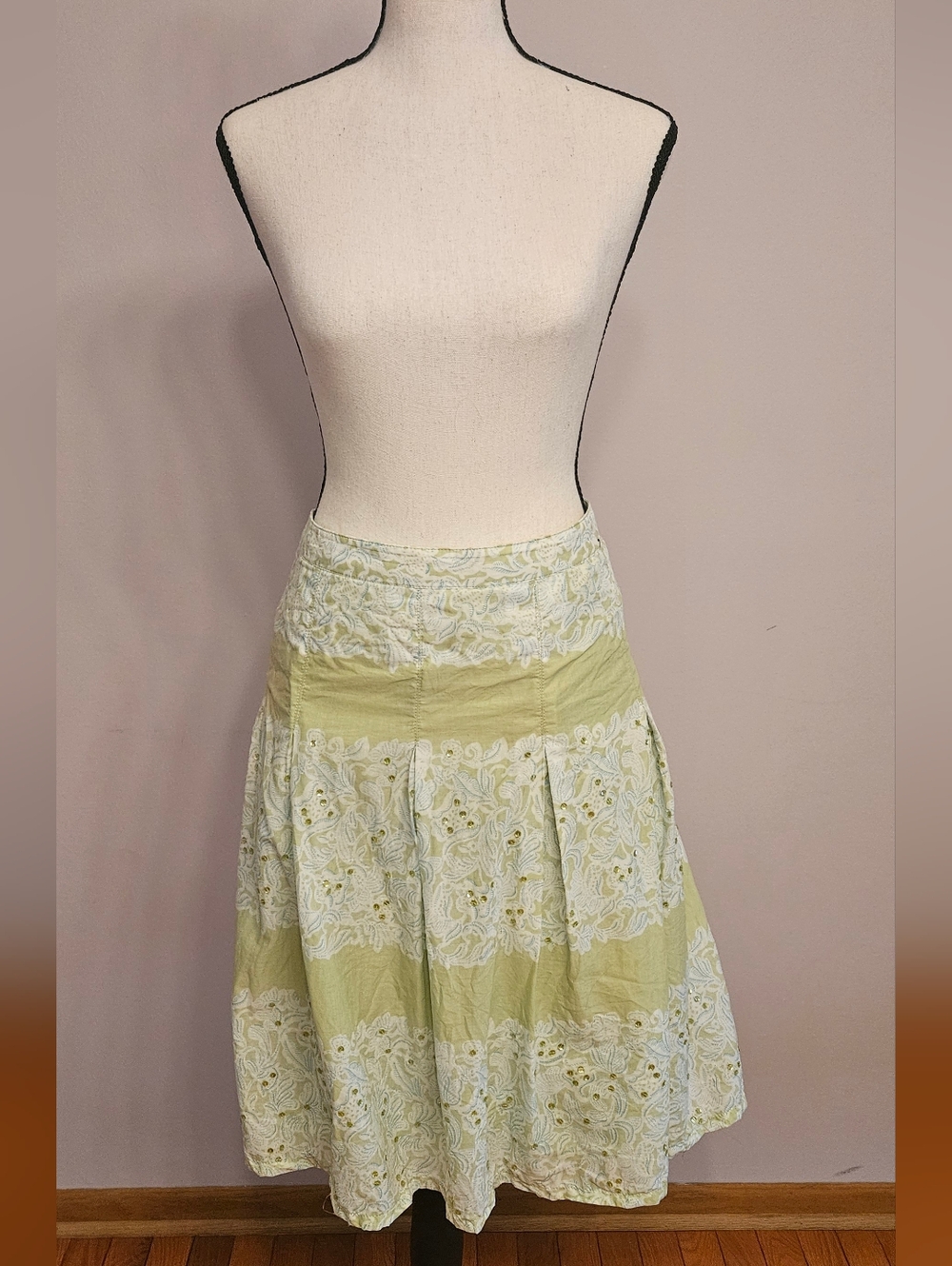 Sage Green Floral & Sequined Cottagecore Pleated A-Line Midi Skirt
